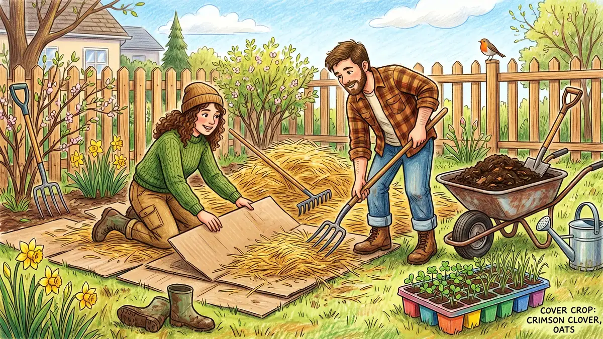 Pencil-crayon illustration of a Gen Z couple sheet mulching a former lawn with cardboard, straw, and a wheelbarrow of compost on a spring weekend