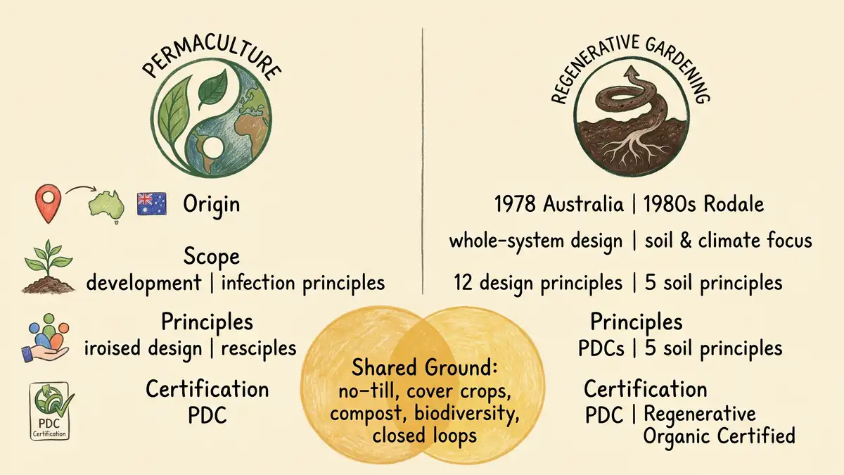 Hand-illustrated infographic comparing permaculture and regenerative gardening across origins, scope, principles, and shared practices in earth green and sunlight gold