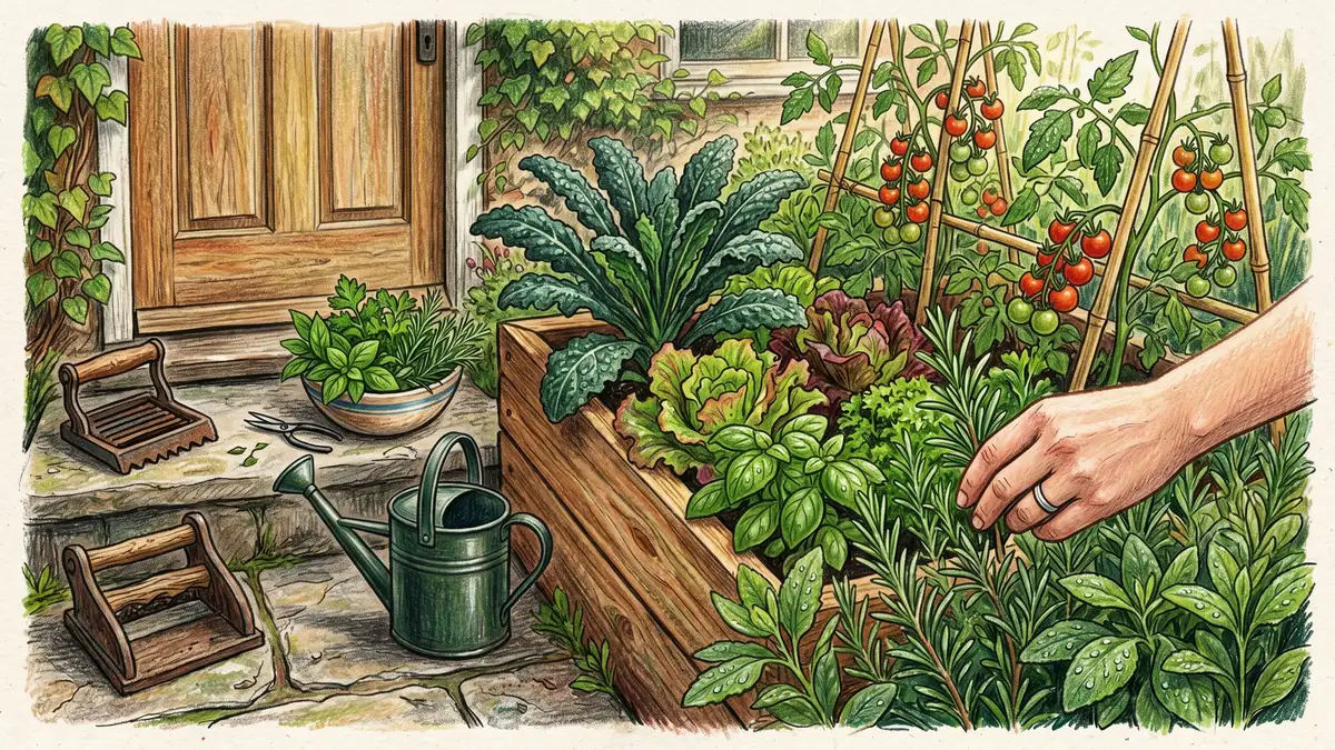 Pencil-crayon illustration of a Zone 1 kitchen garden with raised beds, herbs, and a path leading to the back door of a home