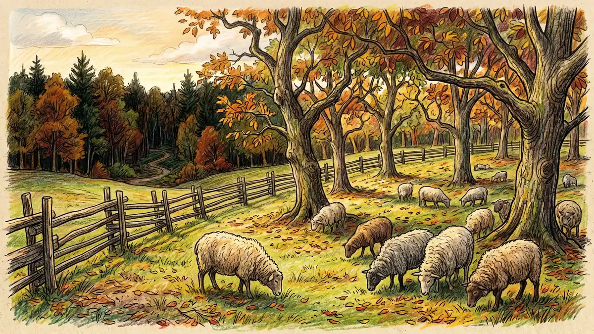 Pencil-crayon illustration of a Zone 4 silvopasture system with widely spaced fruit and nut trees, grazing sheep, and tall grasses
