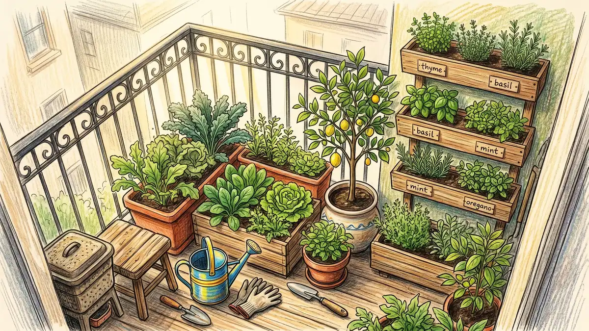 Pencil-crayon illustration of a small urban balcony with stacked herbs, leafy greens, and compact tomato plants in containers