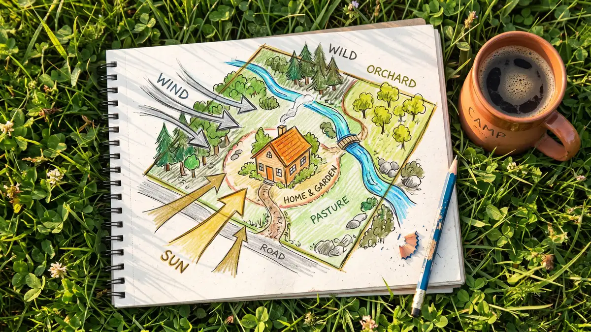 Pencil-crayon sketch of a property base map with arrows showing wind direction, sun path, and water flow overlaid as sectors