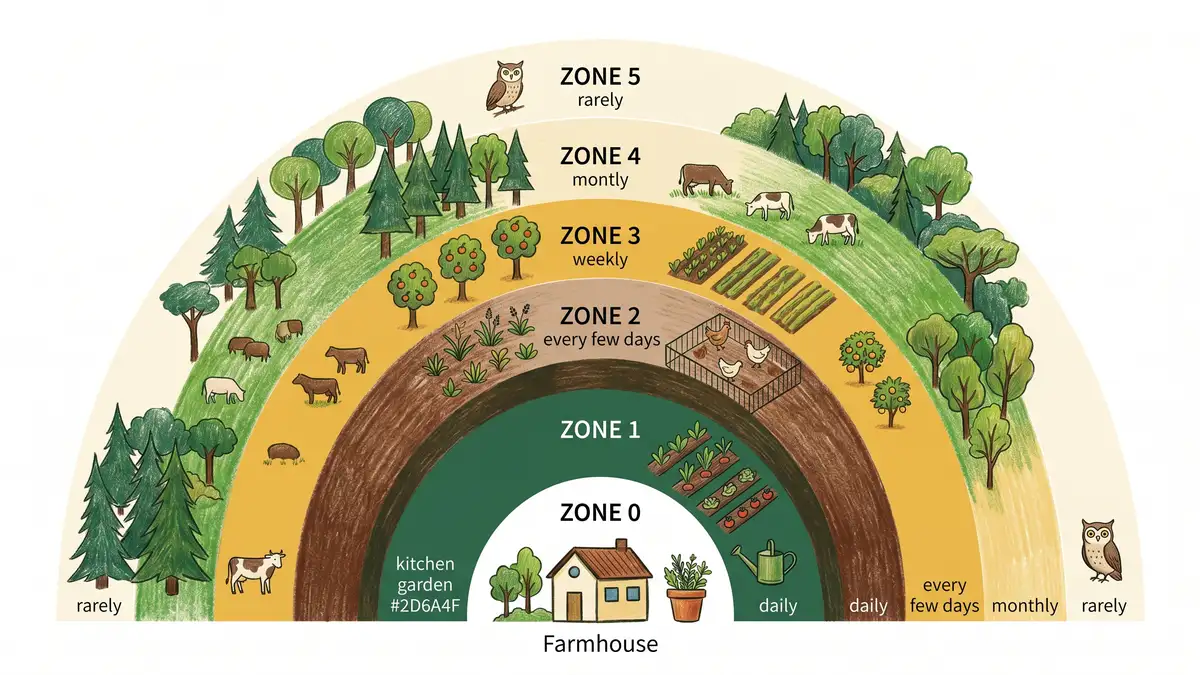 Pencil-crayon infographic cross-section showing permaculture zones 0 through 5 radiating from a home, with example plants and visit frequency labels in earth-green and sunlight-gold
