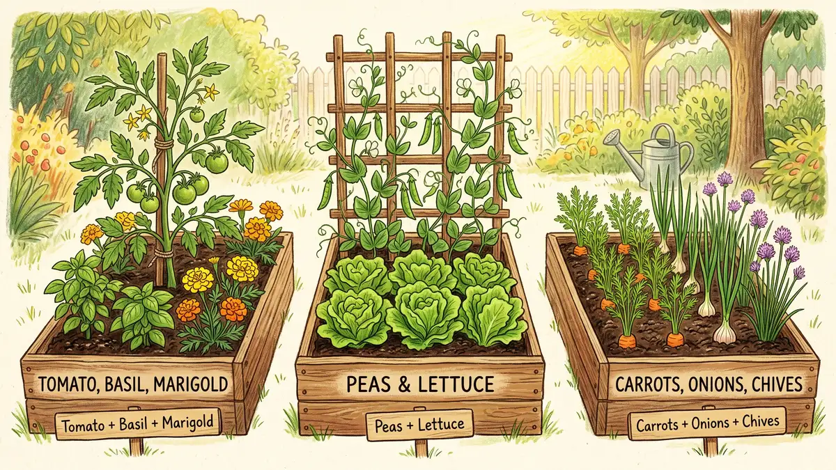 Three classic spring companion pairings shown side by side: peas with carrots, lettuce with radishes, and marigolds with young tomatoes in cool spring soil