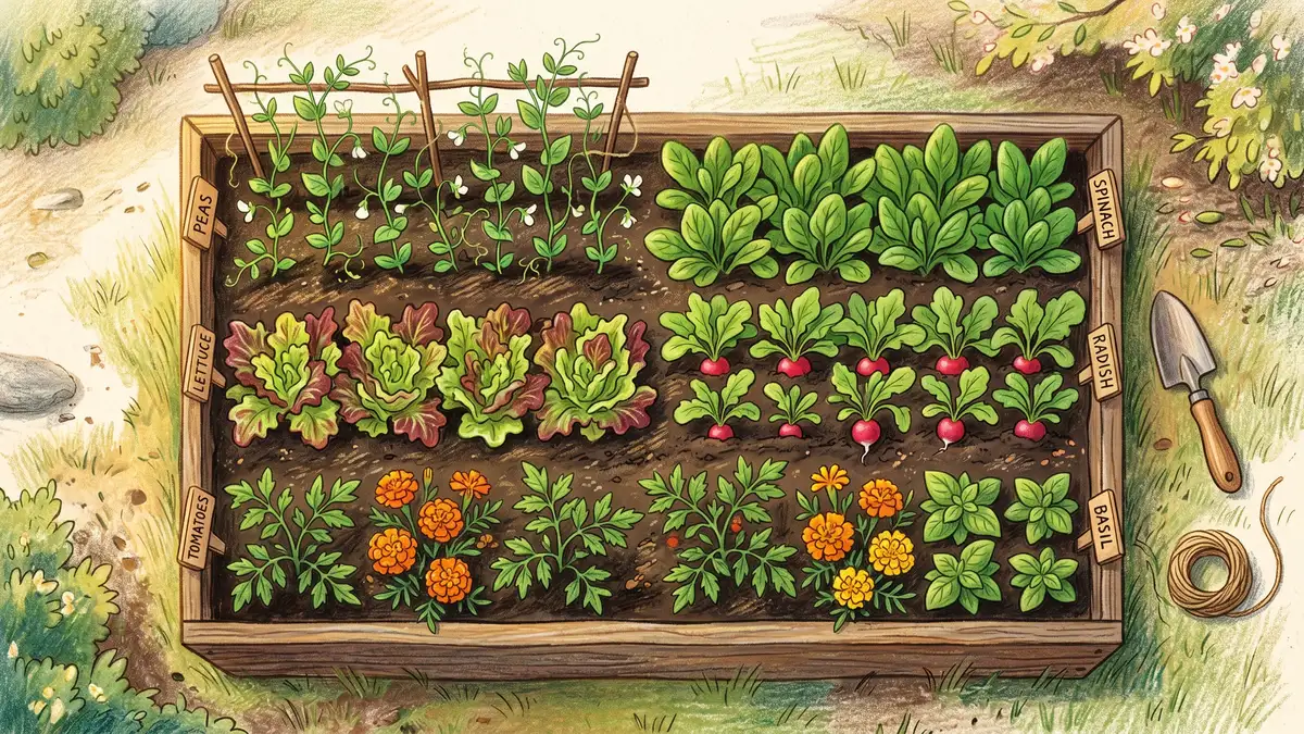 Overhead view of a 4 by 8 foot raised bed laid out with pea trellises on each long edge, lettuce and radish in alternating central rows, and carrots between pea bases