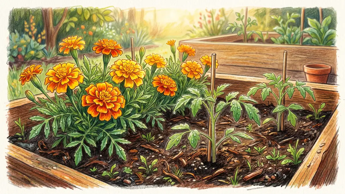 Close-up of French marigolds planted between young tomato seedlings in early spring soil