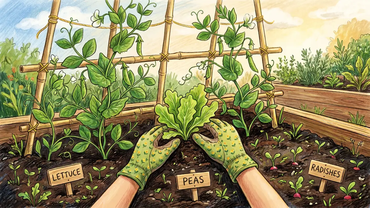 Hands placing lettuce seedlings between rows of pea seeds in a freshly raked spring raised bed