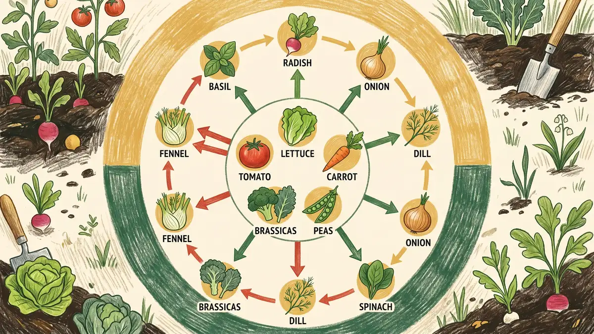 Spring companion planting wheel infographic showing soil temperature thresholds and ideal pairings for peas, lettuce, brassicas, onions, and tomatoes