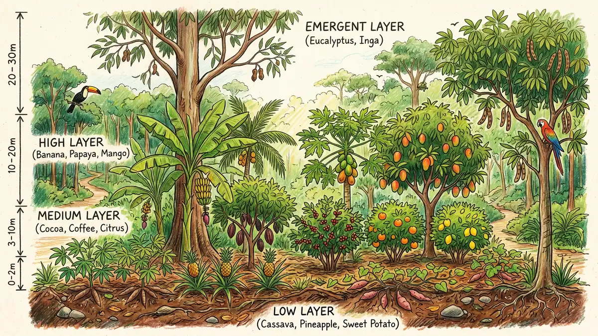 Pencil-crayon illustration of the four vertical strata in a syntropic agroforest: emergent timber, high canopy cocoa, medium shade trees, and ground-layer legumes in Bahia