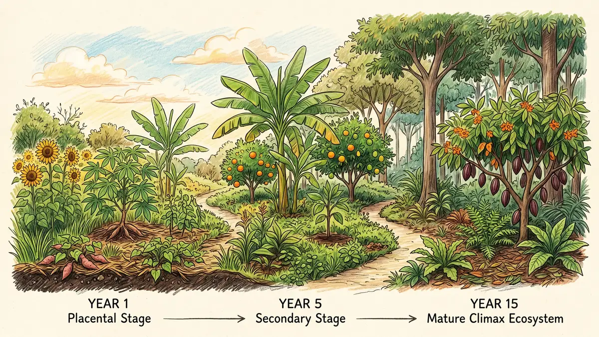 Pencil-crayon timeline showing a syntropic plot transitioning through pioneer, secondary, and climax stages over a 20-year arc with shifting species composition