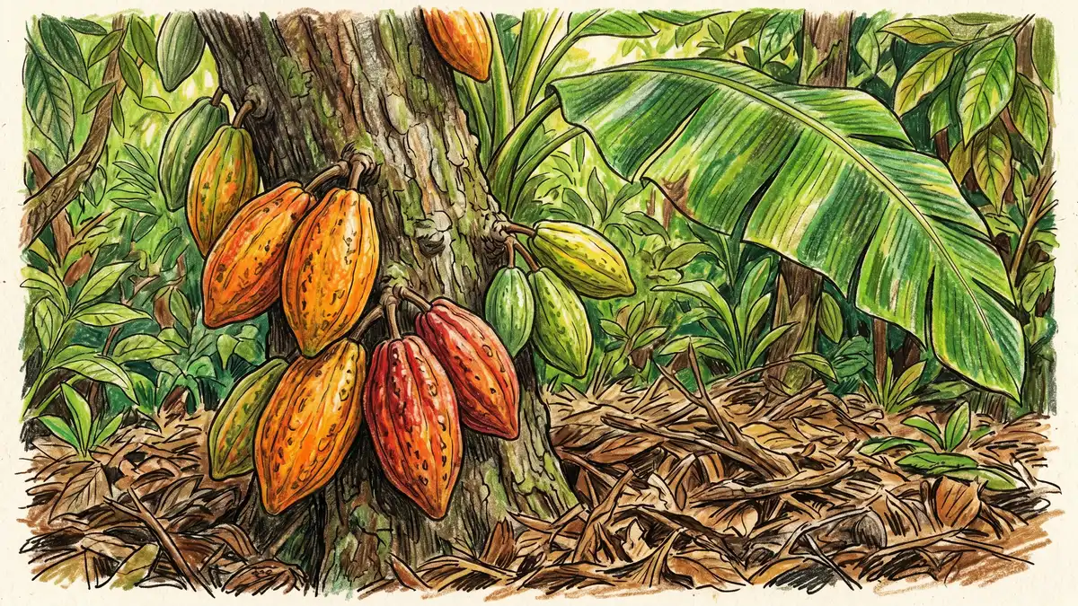 Close-up pencil-crayon illustration of cocoa pods growing under banana shade in a high-density syntropic polyculture in Bahia