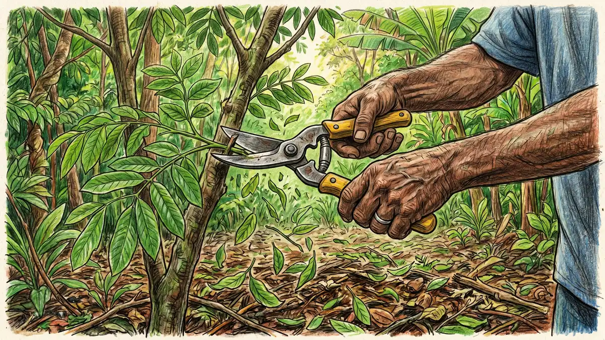 Pencil-crayon illustration of hands wielding pruning shears, cutting fast-growing species in a chop-and-drop pass through a syntropic plot