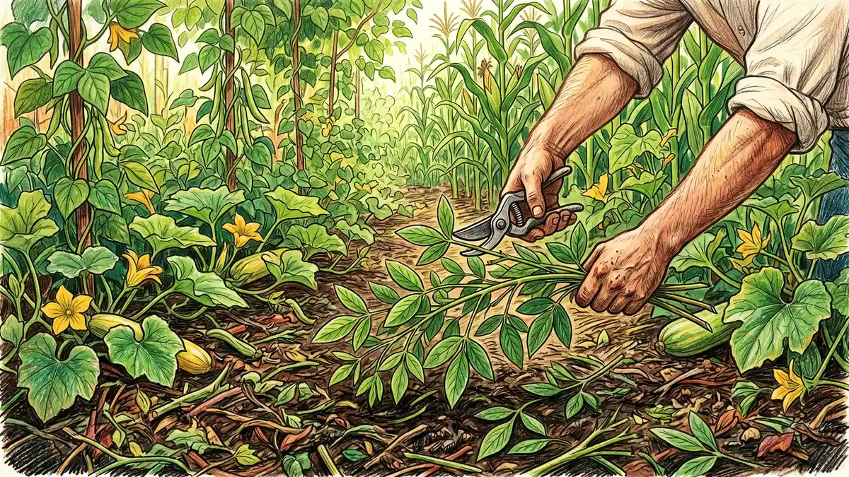 Pencil crayon illustration of gardener's hands pruning pigeon pea branches and dropping the cut material as mulch on the bed below