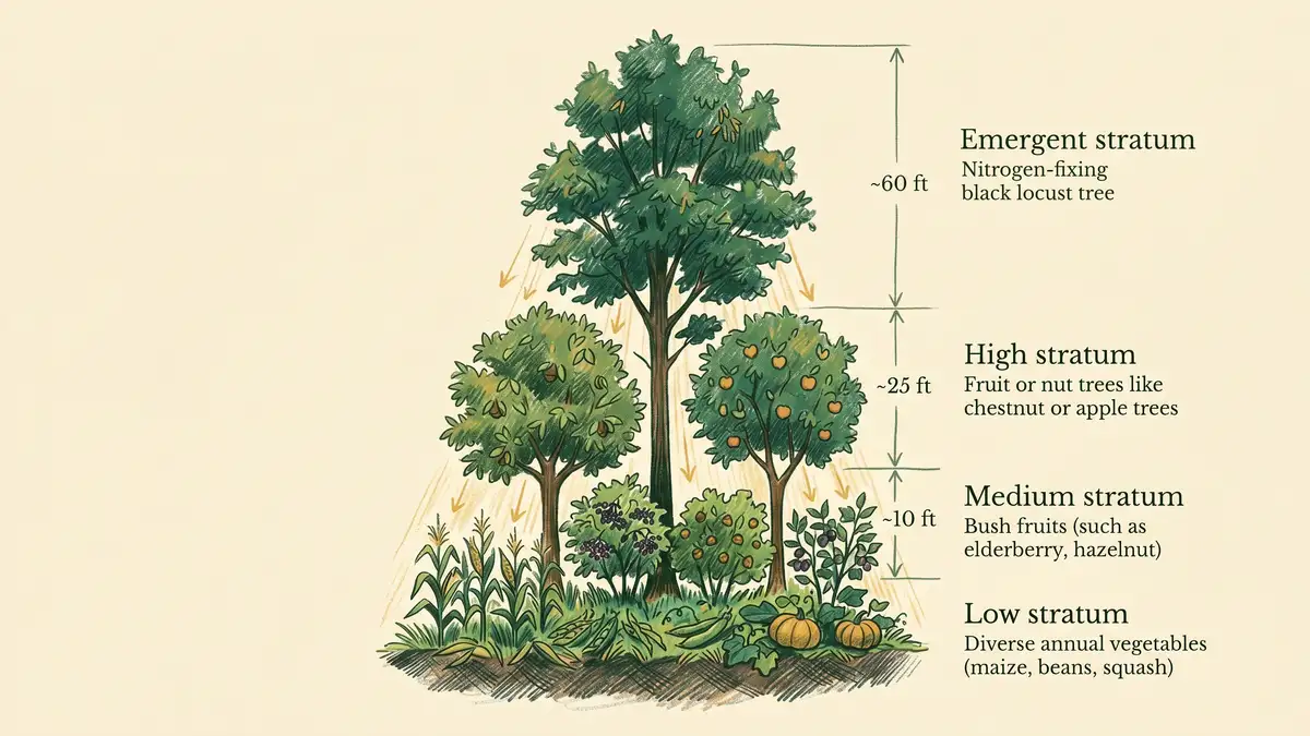 Pencil crayon illustration showing four vertical strata of a syntropic agroforestry system — emergent, high, medium, and low layer species stacked together