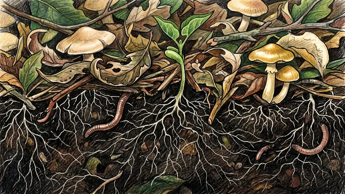 Close-up pencil crayon drawing of living soil covered in fresh chopped pioneer tree biomass with visible fungal mycelium