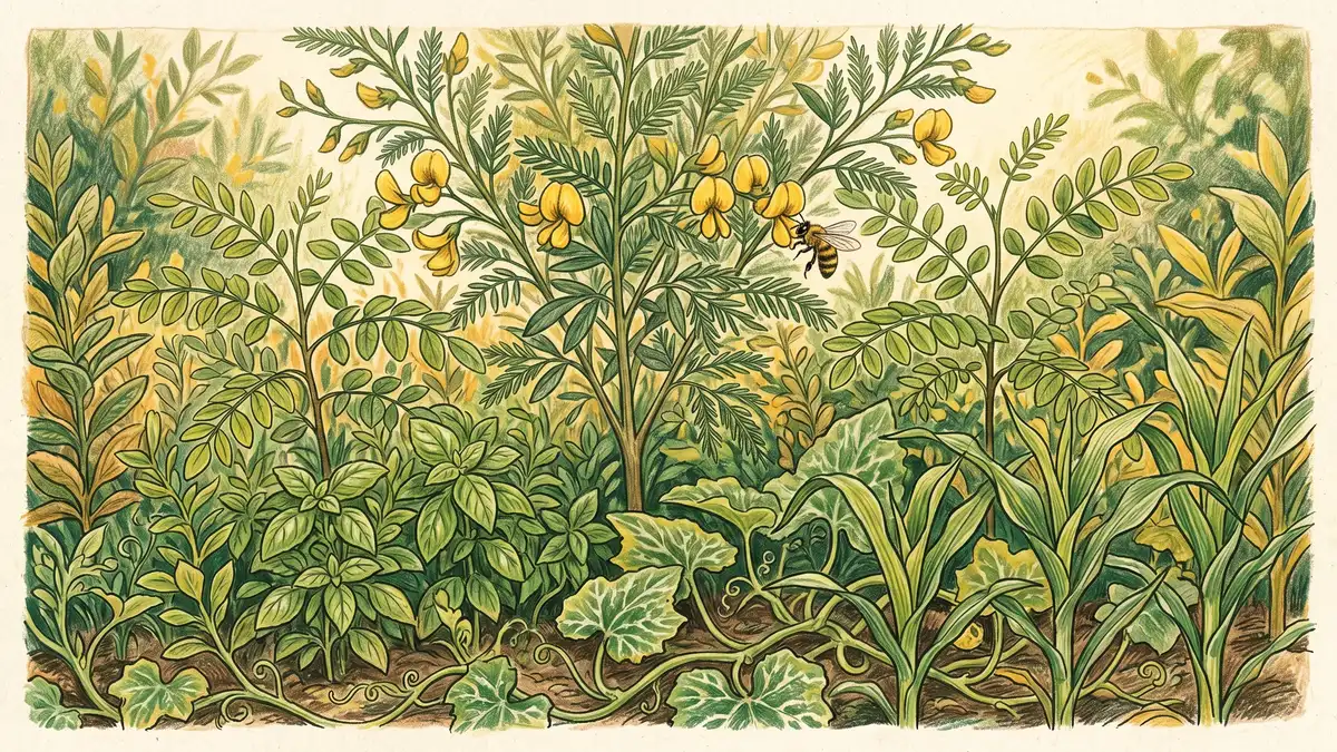 Pencil crayon drawing of a pigeon pea alley with corn and squash growing beneath the nitrogen-fixing shrub layer