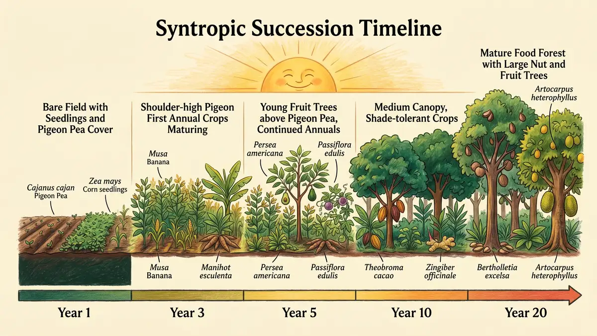 Infographic timeline showing syntropic agroforestry succession across 30 years from pioneer to climax species in GrowPerma earth green and sunlight gold colors