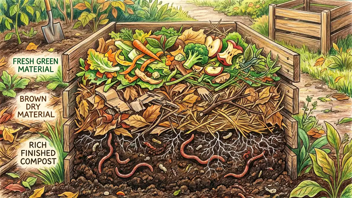 Cutaway view of a healthy compost pile showing distinct layers of green vegetable scraps, brown leaves, and finished dark compost with earthworms