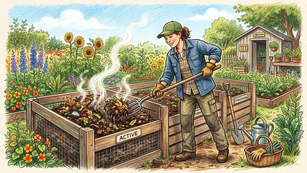 Gardener turning a compost pile with pitchfork in a backyard three-bay wooden compost system with steam rising from the freshly aerated pile