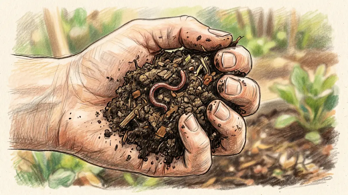 Close-up of a hand holding crumbly finished dark compost with a single earthworm visible, showing ideal finished texture