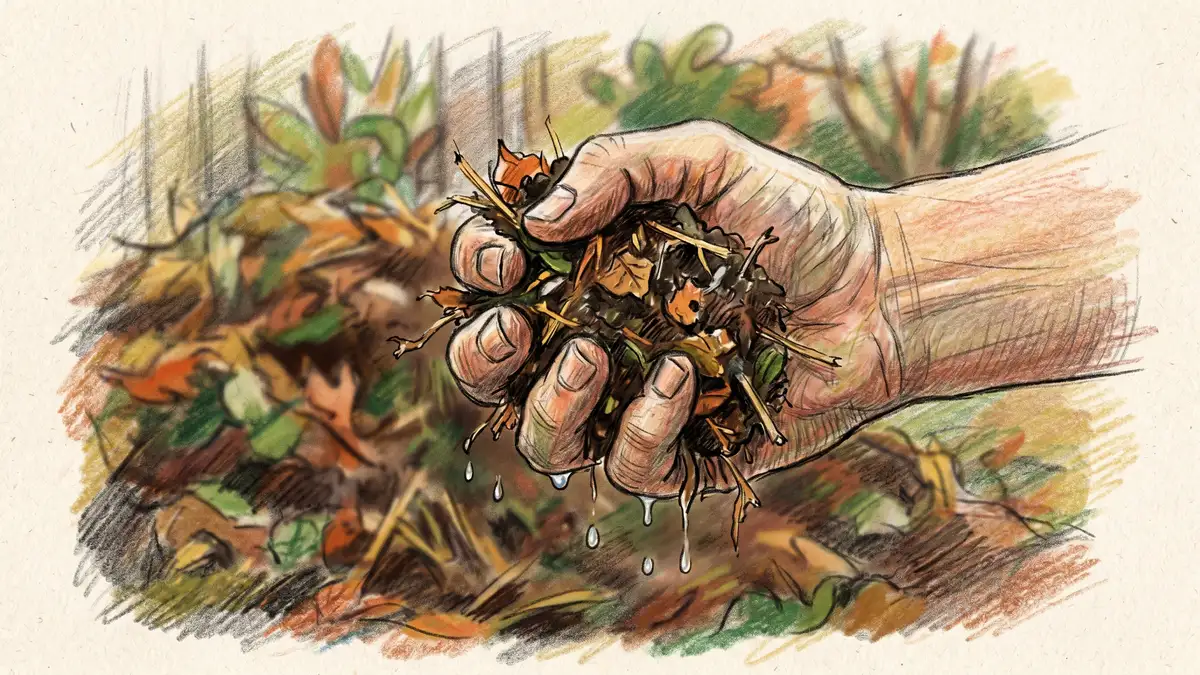 Gardener's hand squeezing compost to demonstrate the wrung-out sponge moisture test with a few drops of water visible