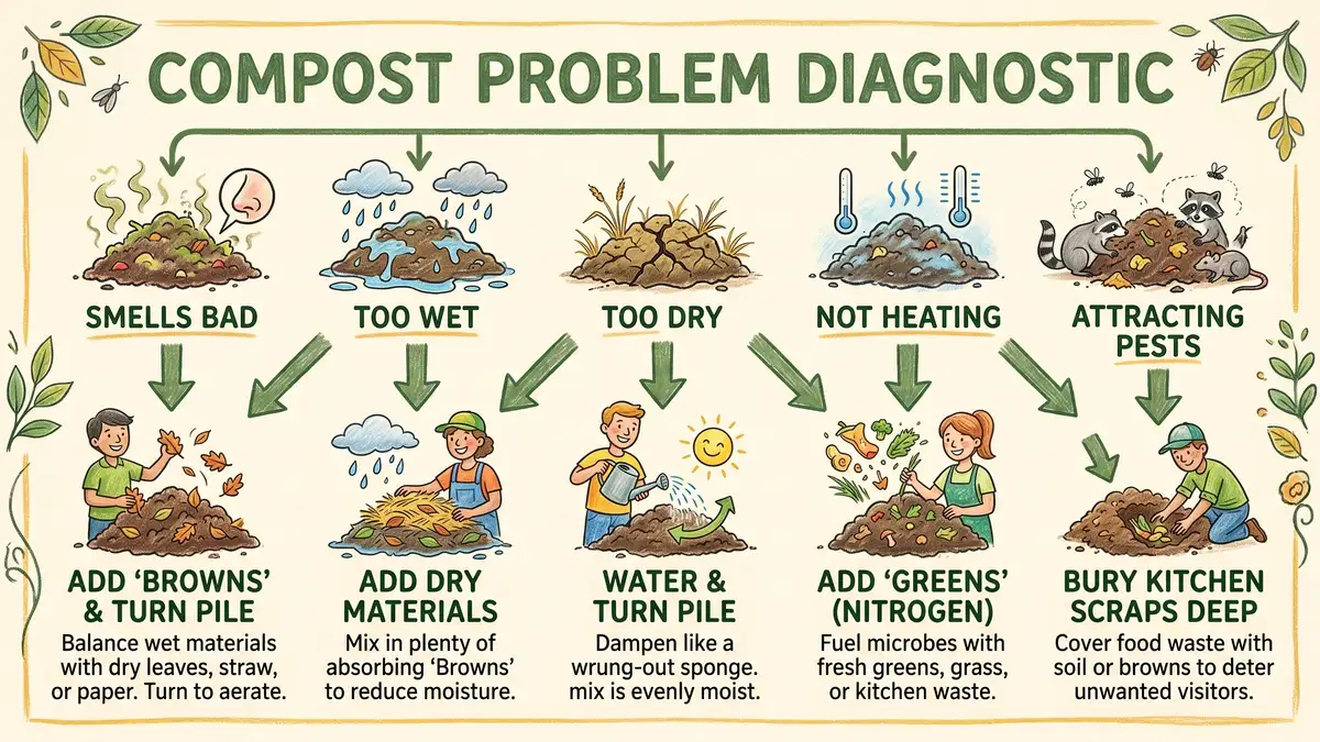 Compost problem diagnostic infographic showing five common symptoms — smells bad, too wet, too dry, not heating, attracting pests — each branching to a clear fix