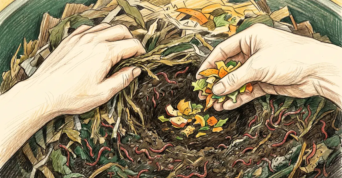Pencil-crayon illustration showing hands demonstrating pocket feeding — pulling back bedding and placing chopped vegetable scraps into a recessed pocket with red wigglers visible around