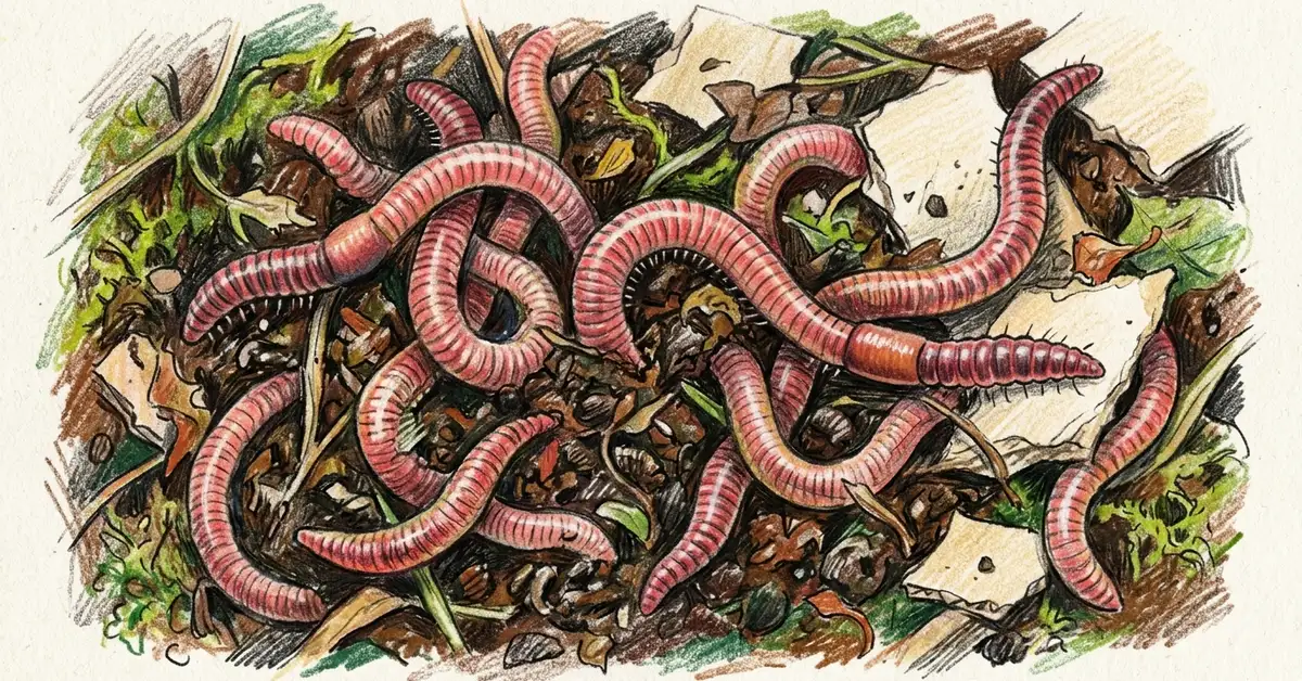 Close-up pencil-crayon illustration of red wiggler worms crawling through dark vermicompost and cardboard bedding