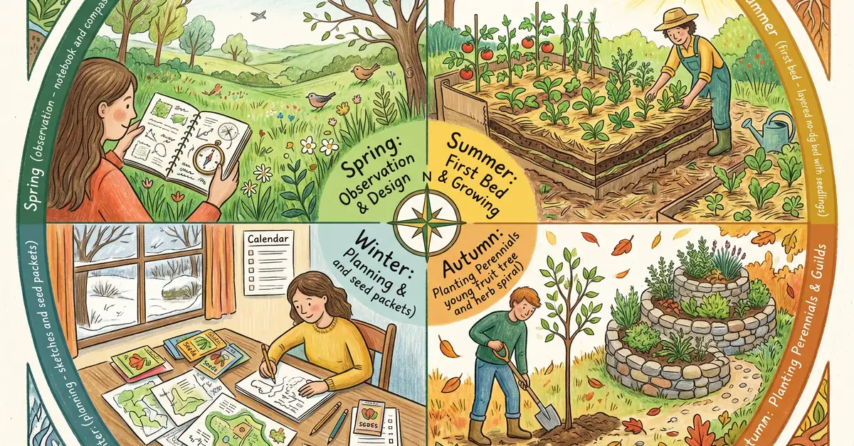 Pencil-crayon circular infographic showing the first year permaculture journey across spring observation, summer first bed, autumn perennials, and winter planning