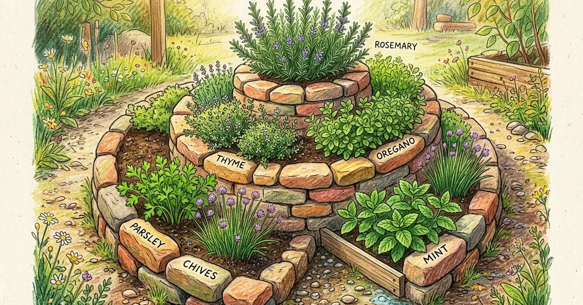 Pencil-crayon illustration of a stone herb spiral with rosemary, thyme, oregano, parsley, chives, and mint planted by zone