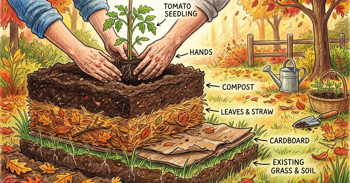 Cross-section illustration of a no-dig garden bed being layered with cardboard, leaves, straw, and compost as a tomato seedling is planted