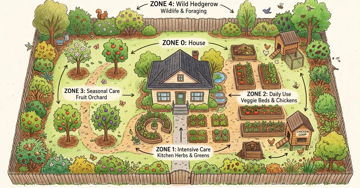 Pencil-crayon top-down diagram of a suburban backyard with concentric permaculture zones marked from house outwards