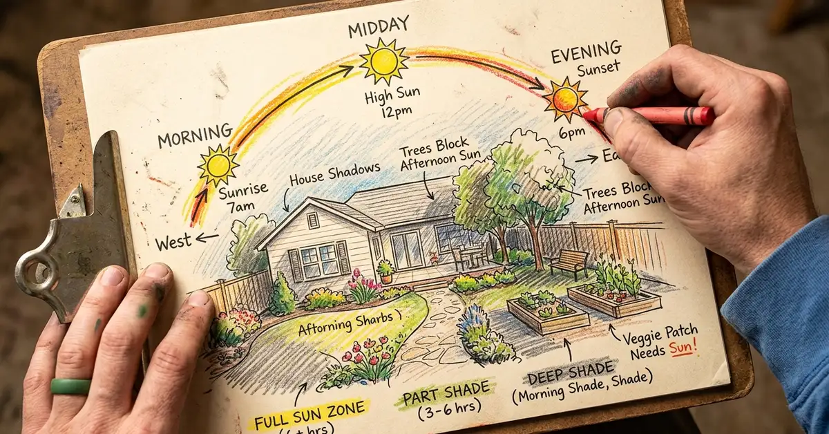 Pencil-crayon sketch of a backyard sun-mapping clipboard showing the sun's path arc and shadow zones marked in pencil