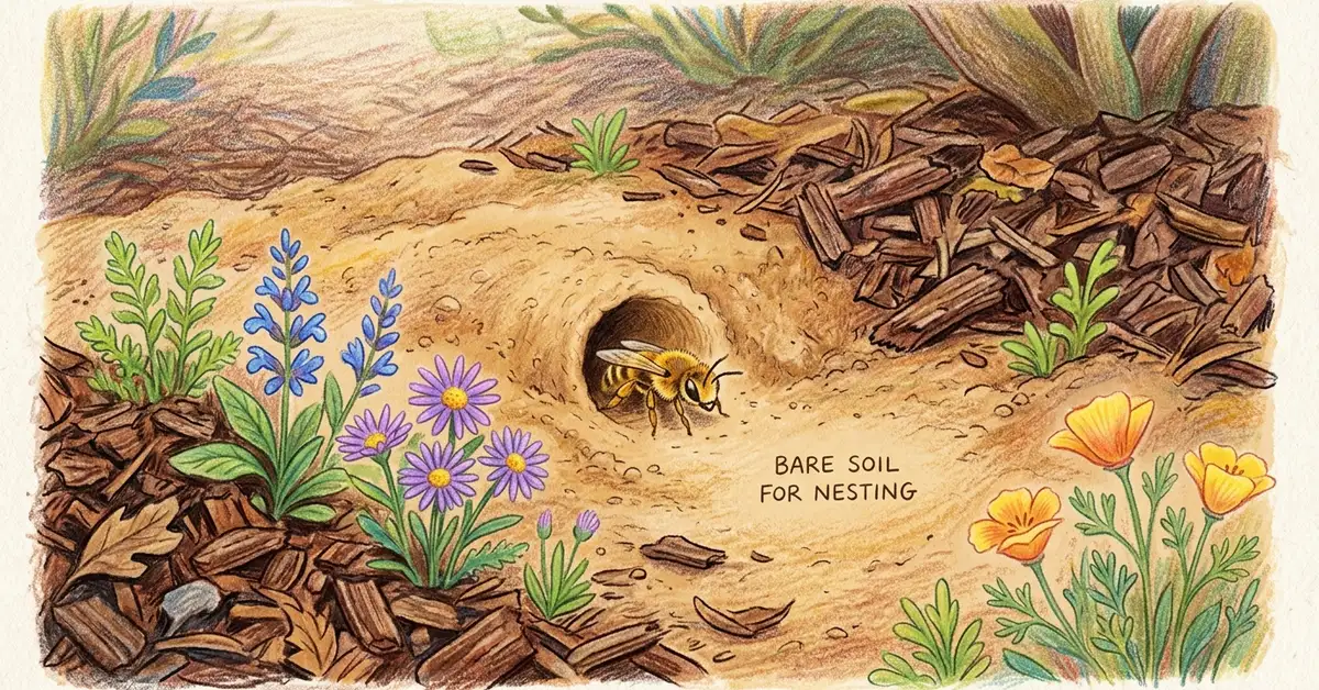 Pencil-crayon close-up of a small ground-nesting native bee at the entrance of a tunnel in bare sandy soil between mulched garden beds