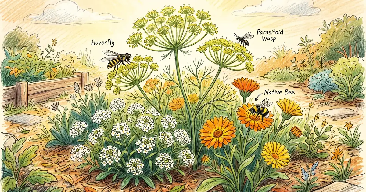 Pencil-crayon illustration of a diverse insectary garden plot with dill, sweet alyssum, and calendula being visited by hover flies, parasitoid wasps, and a native bee
