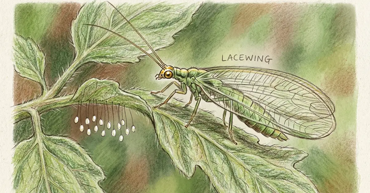 Pencil-crayon close-up of a green lacewing on a tomato leaf next to a small cluster of pearly white eggs hanging from filaments