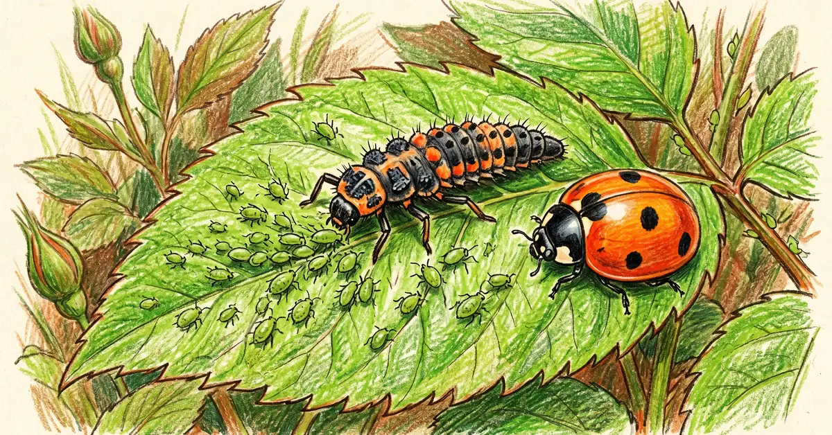 Pencil-crayon close-up of a lady beetle larva crawling on a rose leaf next to its adult form, looking like a tiny black-and-orange alligator, with aphids in the background
