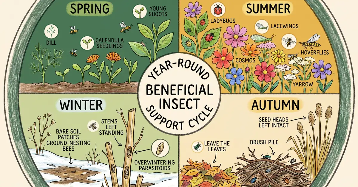 Pencil-crayon circular infographic showing the year-round beneficial insect support cycle in 4 quarters: spring insectary plants, summer peak diversity, autumn leave the leaves, winter bare soil and standing stems