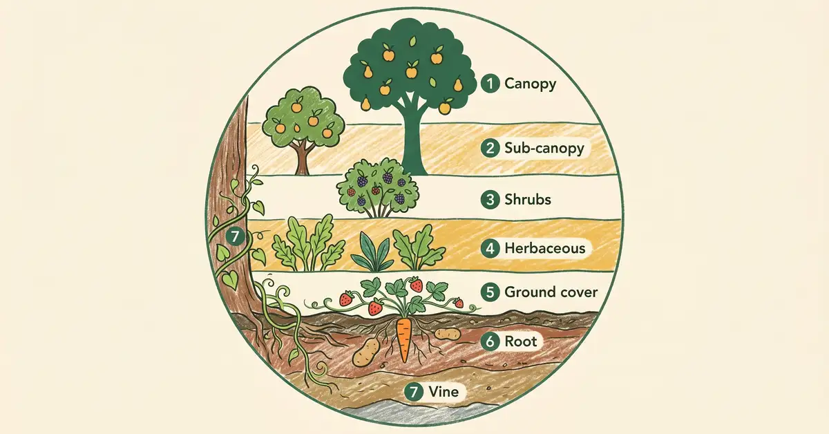 Pencil-crayon infographic showing the 7 layers of a food forest as a vertical cross-section with labeled icons for canopy, sub-canopy, shrubs, herbaceous, ground cover, root, and vine