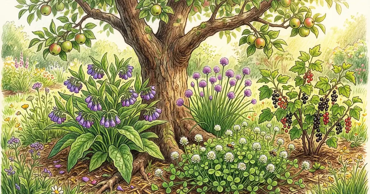 Pencil-crayon close-up of an apple tree guild with comfrey blooming purple at the base, chives in flower, white clover, and a small currant bush — a classic temperate permaculture guild