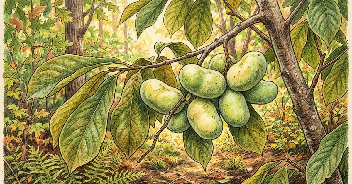 Pencil-crayon close-up of a young pawpaw tree (Asimina triloba) with large drooping leaves and a cluster of green-skinned pawpaw fruit ripening in late summer in a North American temperate woodland edge