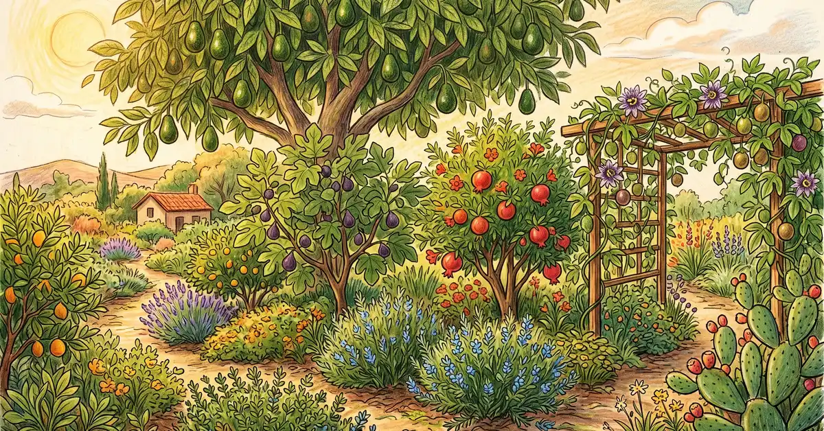 Pencil-crayon illustration of a subtropical Mediterranean food forest with avocado canopy, fig and pomegranate sub-canopy, rosemary and thyme ground cover, prickly pear at the edge, and a passionfruit vine on a trellis