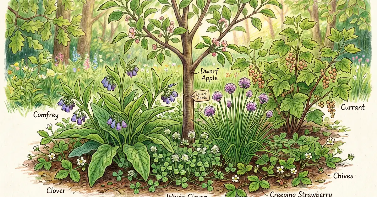 Pencil-crayon close-up of a temperate-zone food forest understory in spring with a young dwarf apple tree, comfrey, chives, white clover, currant bushes, and creeping strawberry ground cover