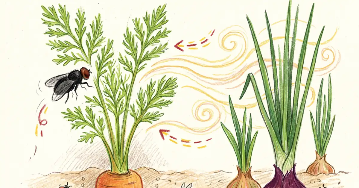 Pencil-crayon educational scene of a carrot rust fly hovering near carrot tops while sulfur volatiles drift up from chive and onion plants creating a deterrent effect