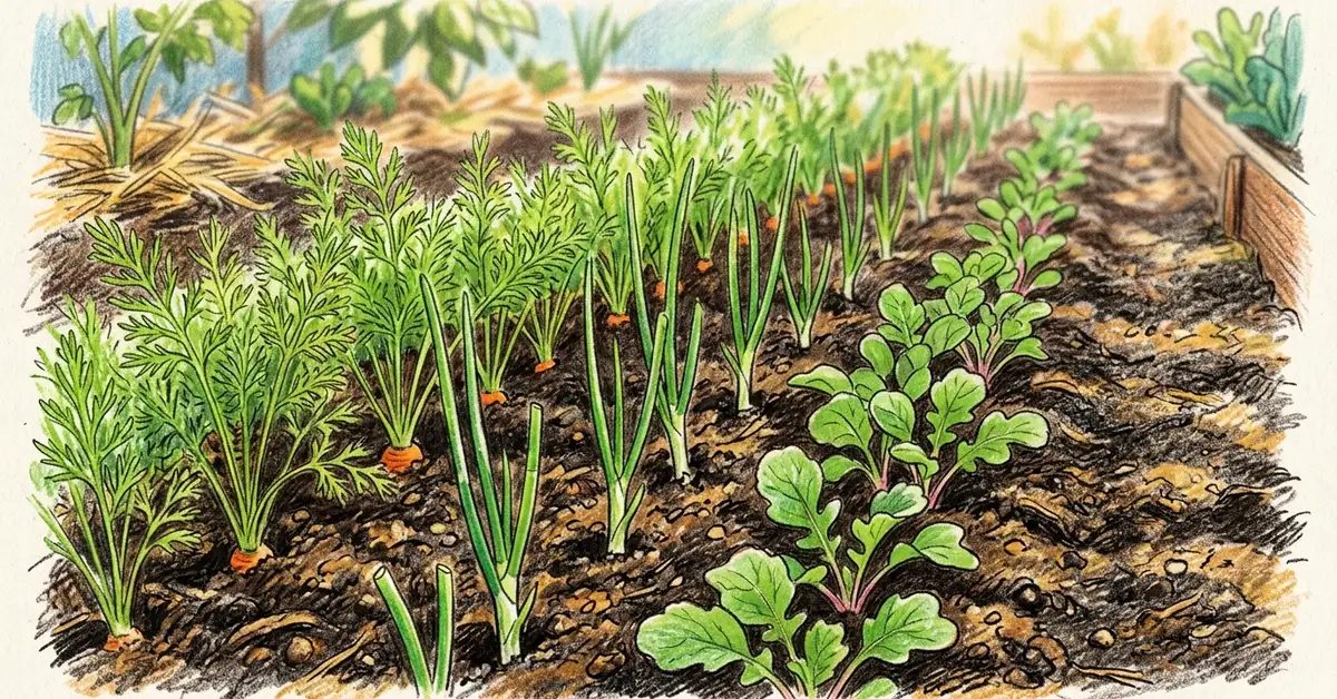 Pencil-crayon close-up of a carrot row interplanted with green onion shoots and small radish leaves between them, dappled morning light