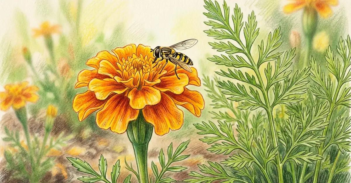 Pencil-crayon close-up of a French marigold blooming bright orange-yellow next to feathery carrot tops with a hover fly visiting the flower