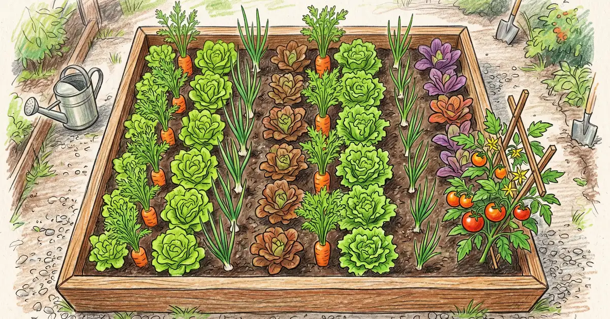 Pencil-crayon overhead view of a 4 by 4 foot raised garden bed showing alternating rows of carrots and onions, with leaf lettuce filling empty space and a tomato plant in the corner
