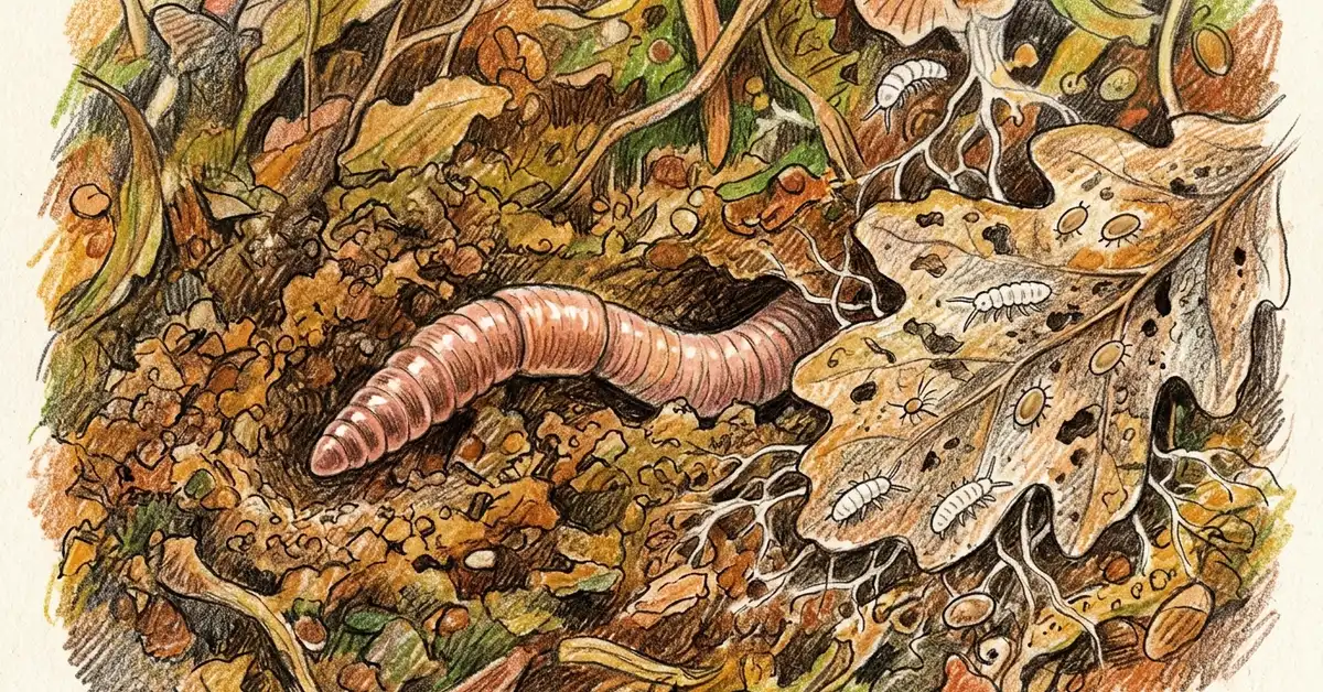 Pencil-crayon close-up of a single garden earthworm emerging from rich crumbly soil with smaller springtails and mites visible nearby on a piece of decomposing leaf