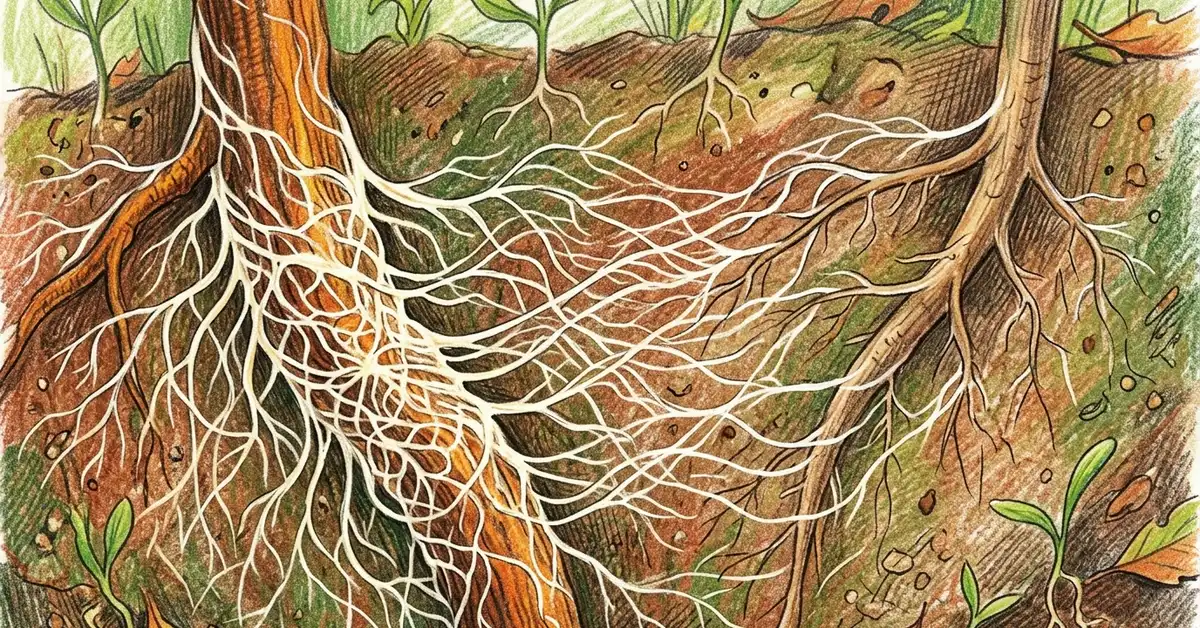 Pencil-crayon close-up of plant roots wrapped in fine white mycorrhizal fungal threads extending out into surrounding soil and connecting to a neighboring plant root