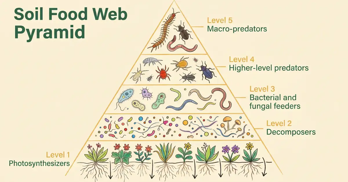 Pencil-crayon infographic showing the soil food web pyramid in five trophic levels from photosynthesizers at top through decomposers, bacterial and fungal feeders, higher predators, and macro-predators